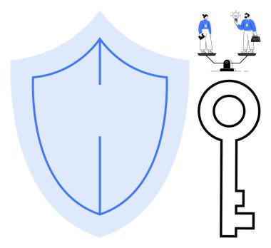Korunmayı temsil eden büyük bir kalkan ikonu, giriş için antika tarzı anahtar ve fikirlerle işbirliği yapan iş adamları. Güvenlik, gizlilik, iş stratejisi, yenilik ve takım çalışması için ideal