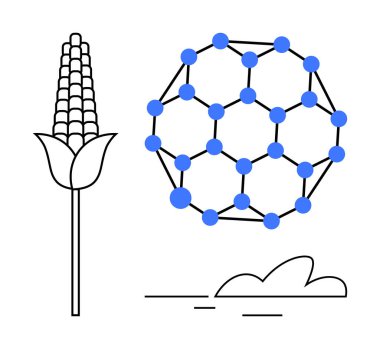 Moleküler yapının yanındaki mısır bitkisi sürdürülebilir bilimi, biyoteknolojiyi ve nanoteknolojiyi sembolize ediyor. Yenilik, tarım, yenilenebilir enerji, biyomühendislik, kimya ve araştırma için ideal