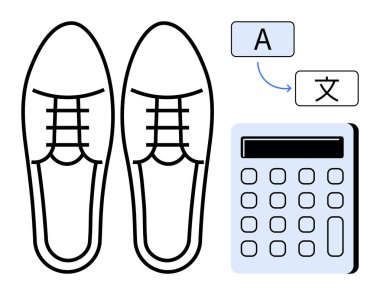 Dil çeviri simgeleri ve hesap makinesi yanında bir çift resmi ayakkabı çoklu dil iletişimini, ticareti, verimliliği, küresel ticareti, teknolojiyi, tasarımı ve adaptasyonu vurgular. Basit düz