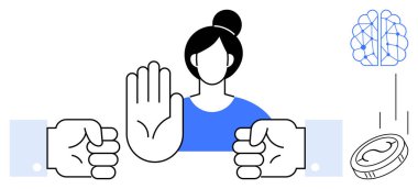 Kadın figürü el kaldırarak el kaldırmayı reddediyor. Beyin ve para yapay zekayı, karar vermeyi sembolize eder. Etik için ideal, yapay zeka önyargısı, ayrımcılık, adalet, özgürlük, insan hakları basit düz metafor