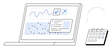Laptop ekranında analitik grafikler, grafikler ve bir görev listesi gösterilir. Takvimin yanı sıra düzenli bir zaman çizelgesi içerir. Analiz, üretkenlik, planlama, veri görselleştirme, zamanlama için ideal