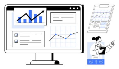 Veri tabloları ve grafikler monitörde, panoda ve profesyonel doktor verileri gösteriyor. Sağlık, analitik, araştırma, teknoloji, yenilikçi takım çalışması büyümesi için idealdir. Basit düz metafor