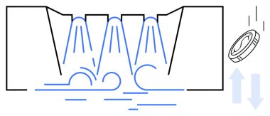 Baraj kapılarından çağlayan su akıntıları, üste türbülans, düşen bozuk para ekonomiyi simgeliyor. Sürdürülebilirlik, su yönetimi, kaynaklar, ekonomi, hidroelektrik, ekoloji için ideal