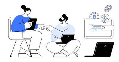 Tablet ve dizüstü bilgisayar kullanan iki kişi dijital varlıkları ve kripto para cüzdanlarını tartışıyor. Teknoloji, finans, takım çalışması, kripto, yenilik, dijital iletişim, yaratıcı iş akışı için ideal