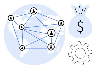 Dünya haritasına bağlı kullanıcı simgeleri, işbirliği için dişli sembolü, finansal büyüme için para çantası. Küresel ağ oluşturma, uzaktan çalışma, iş büyümesi, takım yönetimi ve teknoloji için ideal