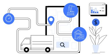 Fabrika, depo ikonları, kronometre, analitik ve dolar işaretli güzergahtaki teslimat kamyonu. Lojistik, tedarik zinciri, ulaşım, iş stratejisi teknolojisi verimliliği için ideal