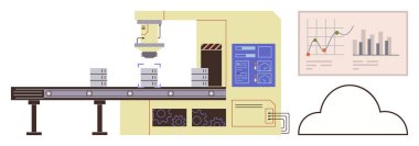 Robot makine, bulut ve analitik ekrana bağlı nesneleri bir taşıyıcıya yığıyor. Otomasyon, teknoloji, üretim, imalat, veri izleme, yenilik, endüstriyel tasarım için ideal