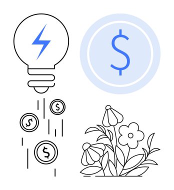 Enerji sembollü ampul bozuk paralar serbest bırakır, bir daire içinde dolar işareti ve çiçek açar. Yenilik, yatırım, enerji, sürdürülebilirlik, yaratıcılık, finansal büyüme eko-dostluk için ideal