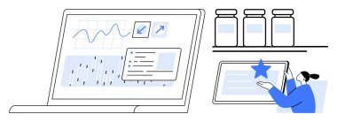 Grafik ve grafikleri gösteren dizüstü bilgisayar, tabletle etkileşen araştırmacı, raflarda kavanozlar. Analiz, bilimsel araştırma, teknoloji, yenilik, sağlık, veri yönetimi için ideal basit düz