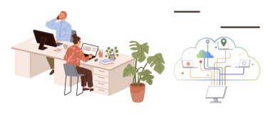 Ofis çalışanları masalarında bilgisayar, bitki ve kağıtlarla bir bulut ağı grafiğinin yanında. Takım çalışması, teknoloji, iletişim, dijital büyüme, ofis kültürü, yenilik için ideal