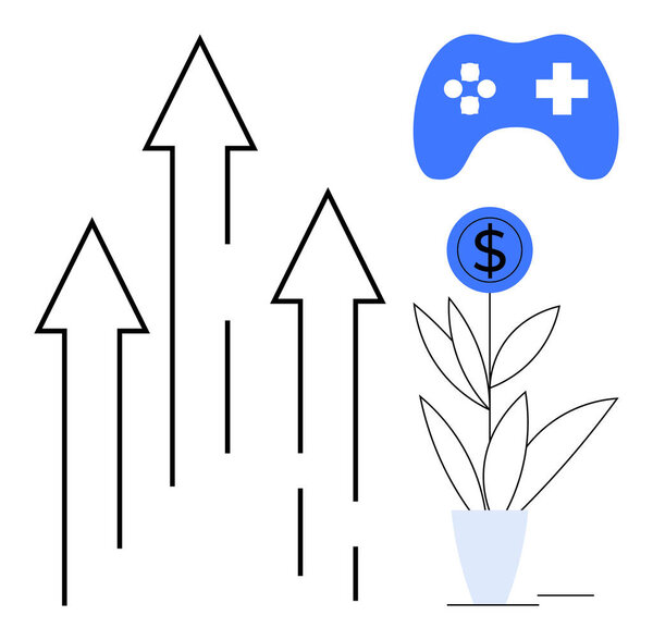 Growing arrows, game controller, coin on a plant in a pot. Ideal for finance, gaming industry progress, growth strategy, business success, investments, economic development simple flat metaphor
