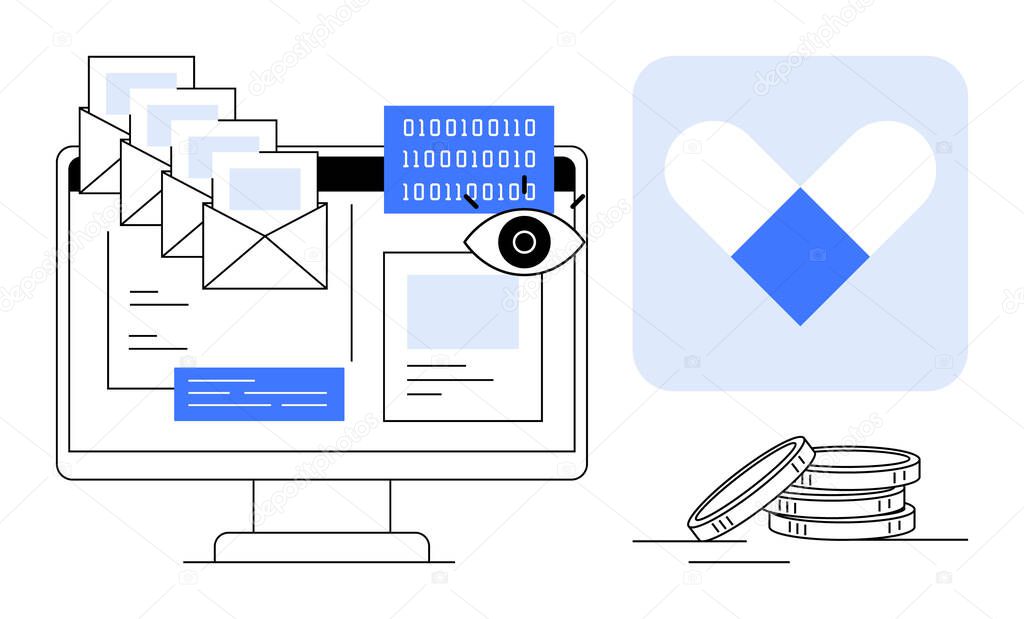 Emails on the monitor, binary data, eye icon, stacked coins, and heart-shaped logo highlight communication, data analysis, cybersecurity, fintech social impact and connections. Ideal for tech