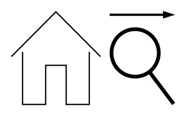 Minimalist ev çizgisi, büyüteç, ileri ok. Gayrimenkul, mülk araması, navigasyon, araştırma, keşif keşfi ve yenilikçi çözümler için ideal. Basit düz metafor