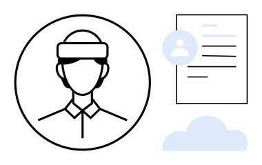 Bir belge ve bulutun yanında dairesel bir çerçevenin içine vurgulanmış kullanıcı profili. Kimlik doğrulama, çevrimiçi profiller, bulut depolama, veri yönetimi, adam toplama, ağ oluşturma, modern