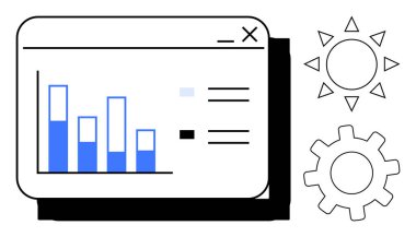 Çubuk grafikleri, menü detayları, çark ve güneş ikonu olan analitik gösterge penceresi. Veri görselleştirme, teknoloji, analitik, iş amaçlı UI tasarım planlama ve yenilik için idealdir. Basit düz
