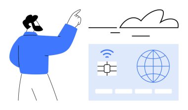 Kartla bir bulutu işaret eden bir adam çip, kablosuz sinyal ve küreyi gösteriyor. Teknoloji, bulut hesaplama, küresel bağlantı, iletişim, ağ, yenilik ve dijital için ideal