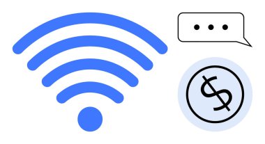 Mavi kablosuz sinyal, noktalı konuşma balonu ve işaretli dolar çevrimiçi bağlantı, iletişim, finansman ve işlemleri vurguluyor. Teknoloji, iş, iletişim e-ticaret için ideal