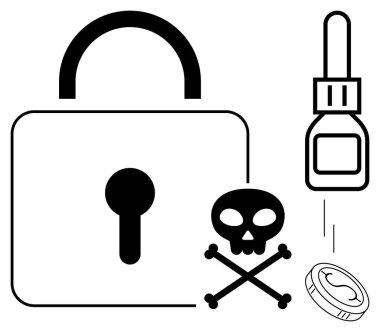 Asma kilit, kafatası ve çapraz kemikler, damlatan ve dökülen sıvı tehlike, güvenlik ve zehirli riskleri vurguluyor. Siber güvenlik, zehir, koruma, güvenlik sağlık hizmetleri güvenlik ihlali için ideal