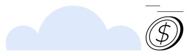 Mavi bulut, yanında dolar işareti olan uçan bir madeni paranın yanında bulut teknolojisini, dijital ödemeleri ve çevrimiçi işlemleri sembolize eder. Fintech, e-ticaret, teknoloji, finans, tasarruf, yenilik için ideal