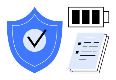 İşaretli mavi kalkan, üç çubuklu pil simgesi ve güvenlik, dayanıklılık ve yönetmeliği vurgulayan kontrol listesi kağıdı. Siber güvenlik, veri koruması, enerji verimliliği, belgeler için ideal