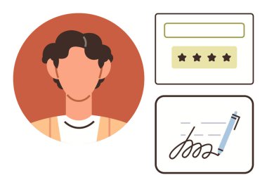 Yıldız derecelendirme kutusu ve dijital imza ayarı olan, geri bildirim, kimlik ve kimlik teşhisi yapan bir kişinin portresi. Kullanıcı profilleri, incelemeler, sözleşmeler, onaylama, kişisel markalaşma için ideal