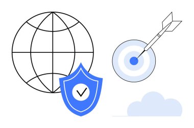 Küre küresel erişimi sembolize ediyor, güvenlik için mavi kalkan, isabet için oku olan hedef, aşağıdaki ışık bulutu. Güvenlik, siber koruma, kesinlik, İnternet hizmetleri, risk yönetimi için ideal