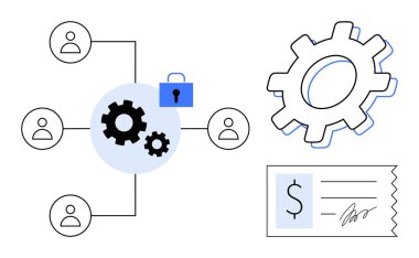 İnsanları birbirine bağlayan dairesel diyagram, güvenlik için asma kilit, büyük teçhizat ve imzalı makbuz. Takım çalışması, güvenlik, süreç optimizasyonu, işbirliği, ödeme sistemleri iş akışı için ideal