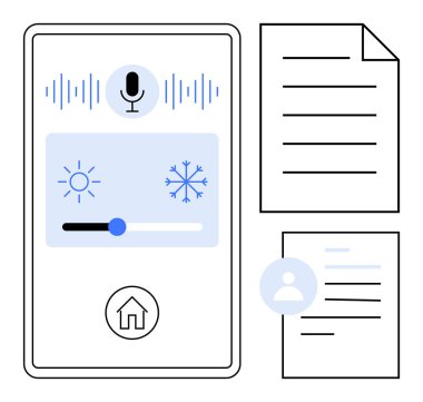 Sesli komut simgesi, sıcaklık kaydıracı, güneş ve kar tanesi simgeleri ve kullanıcı belgelerine sahip akıllı telefon ekranı. Ev otomasyonu, enerji verimliliği, arayüz tasarımı, akıllı yaşam ve teknoloji için ideal