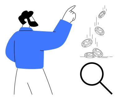 Yanlarında büyüteç olan bozuk paralara el kol hareketi yapan bir adam, analizi ya da yatırımı öneriyor. Finans, tasarruf, ekonomi, analiz, zenginlik, kâr ve iş büyümesi için ideal. Basit.