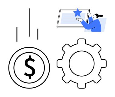 Dolar parası, çark ve sertifika tableti olan kişi finansal planlamayı, işlem verimliliğini ve beceri geliştirmeyi temsil ediyor. Finans, takım çalışması, optimizasyon ve hedefler için ideal ilerleme