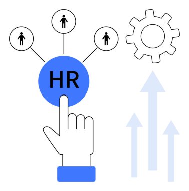 İK 'nın ekip üyeleriyle bağlantısını gösteren el işaretleri, operasyonlar için dişliler, büyümek için yukarı doğru oklar. İK için ideal, işe alım, takım çalışması, verimlilik, iş birliği kariyer yönetimi. Basit düz metafor