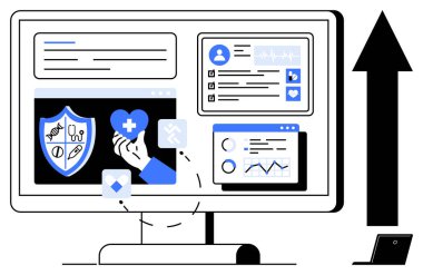 Bilgisayar ekranında büyümeyi gösteren bir okla tıbbi raporlar, analitikler ve sağlık sembolleri görülüyor. Sağlık yönetimi, teletıp, tıbbi veriler, sağlık analizleri için ideal