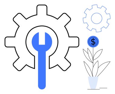 Vites ve anahtar sistem verimliliğini vurguluyor. Para yetiştiren fabrika finansal verimliliği yansıtır. İş, finans, yönetim, yenilik, sürdürülebilirlik, mekanik ekip çalışması için idealdir. Basit.