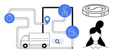 Teslimat kamyonu haritalı güzergahlar, kronometre, bozuk para ve kullanıcı avatarı. Lojistik, izleme, planlama, e-ticaret çözümleri zincir teknolojisi için idealdir. Basit düz