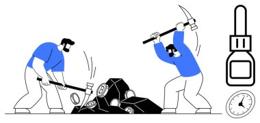 Taşları çıkarmak için aletlerle taş kıran iki işçi. Yakınlarda bir kronometre ve kilit zamanlamayı, güvenliği ve sıkı çalışmayı sembolize eder. Takım çalışması, iş gücü, inatçılık, zaman yönetimi madenciliği için ideal