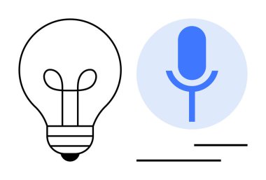 Ampul, ses ve ses temaları için mavi daireli bir mikrofonun yanında fikirleri sembolize ediyor. Yaratıcılık, yenilik, iletişim, podcast, teknoloji, ilham, basit düz metafor