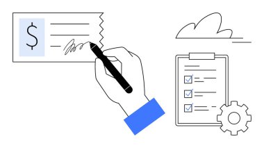 Çek imzalama, işaretli kutular, bulut ve teçhizatla kontrol listesi. Finans, organizasyon, iş akışı, görev yönetimi iş süreçleri, takım çalışması planlama için idealdir. Basit düz metafor