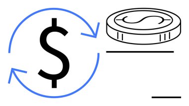 Para akışını sembolize eden oklarla çevrili dolar işareti, bir madeni parayla eşleştirilmiş. Finans, ekonomi, bankacılık, yatırım, bütçe, nakit akışı ticareti için ideal. Temiz, düz metafor