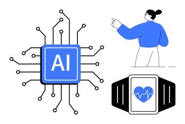 Dijital olarak bağlanan yapay zeka mikroçipi, kalp sağlığı göstergesi ve kadın figürü. Yapay zeka, sağlık, yenilik, sağlık teknolojisi, makine eğitimi için ideal