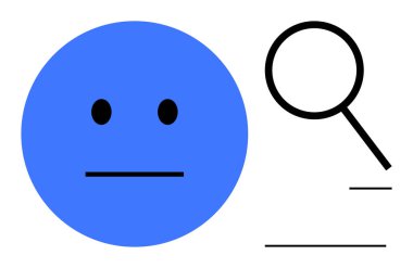 Basit detaylara sahip nötr mavi yüz ve analiz, soruşturma, berraklık, geri bildirim, veri incelemesi, duygu çalışması, tarafsızlığı ifade eden büyüteç. Yapay zeka ve araştırma için ideal