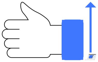 Yukarı doğru ok ve küçük dizüstü bilgisayarın yanında, onayı, büyümeyi, başarıyı ve ilerlemeyi sembolize eden cesur başparmak kaldırma simgesi. Basit bir düz ile pozitiflik, motivasyon, başarı ve çevrimiçi trendler için idealdir