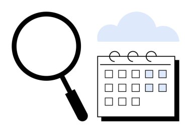 Büyük büyüteç bulutun altında işaretlenmiş tarihleri olan bir takvime yakınlaştırıyor. Planlama, programlama, zaman yönetimi, organizasyon, araştırma, hazırlık, arama için ideal. Basit düz