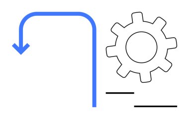 Otomasyonu, işlem akışını veya sistem optimizasyonunu sembolize eden bir dişlinin yanında sola doğru eğimli mavi ok. Çalışma akışı, teknoloji, ilerleme, kalkınma, yenilik, strateji ve planlama için ideal