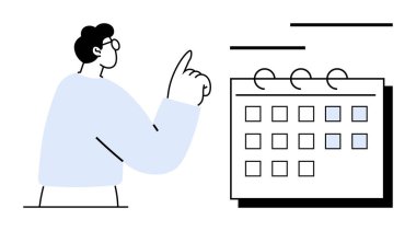 İşaretli bir takvime doğru hareket eden kişi, organizasyonu, zaman yönetimini, teslim tarihlerini, verimliliği sembolize ediyor. Planlama, zamanlama, hedef belirleme, görev yönetimi verimliliğini hatırlatmak için ideal