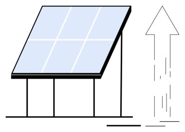 Güneş paneli yukarı doğru yükselen okla enerji üretimini, sürdürülebilirliği ve büyümeyi sembolize ediyor. Yeşil enerji, yenilik, ekoloji, eko-teknoloji, ilerleme ve çevre için ideal
