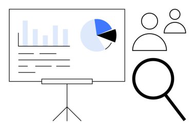 Çubuk grafiği, pasta grafiği ve veri özeti hazır. Yakınlarda büyüteç ve kullanıcı simgeleri var. Takım çalışması, veri araştırması, analitik, iş planlaması, eğitim istatistikleri için ideal