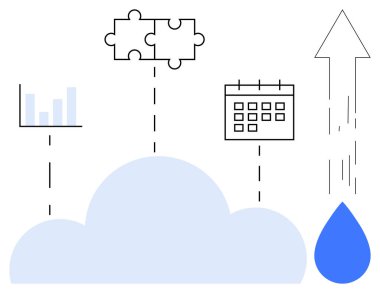 Çizelge, bulmaca parçaları, takvim, ok, su damlası ile bağlantılı bulut. Takım çalışması, verimlilik, bulut depolama veri analizi yaratıcı büyüme yeniliği için idealdir. Basit düz metafor