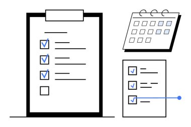 Kontrol listeli pano, işaretli görevler ve zamanlama ve verimliliği vurgulayan takvim. Günlük planlama, organizasyon, iş akışı, zaman yönetimi, üretkenlik ve stratejik planlama için ideal