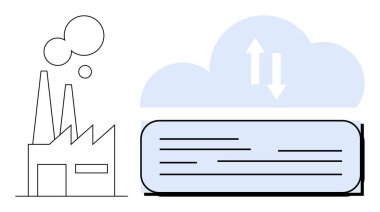 Bulut değiş tokuşu okları ile buluta bağlı fabrika binası, basit bir dairede bulut bilgisayarı, veri depolama, imalat, yenilik, bağlantı, verimlilik ve sürdürülebilirliği temsil ediyor