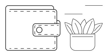 Sivri yapraklı saksı bitkisinin yanında kayış kapaklı cüzdan. Finans, tasarruf, yatırım, sürdürülebilirlik, eko-yaşam, bütçe, minimalizm için idealdir. Basit düz metafor